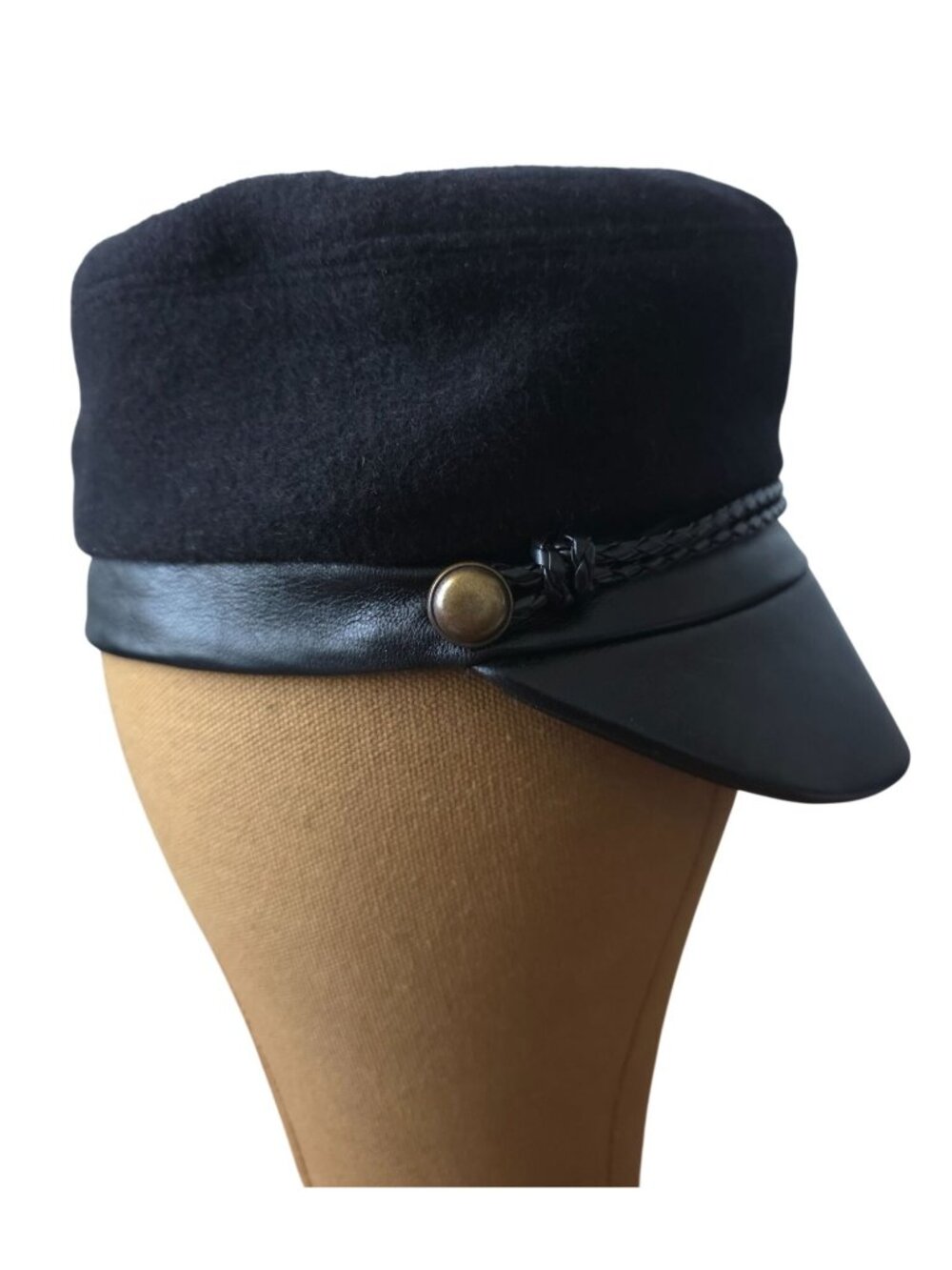 Eugenia Kim Elyse Black Camel Hair & Leather Fisherman Fiddler Cap Sz 7-1/8 - Picture 4 of 9